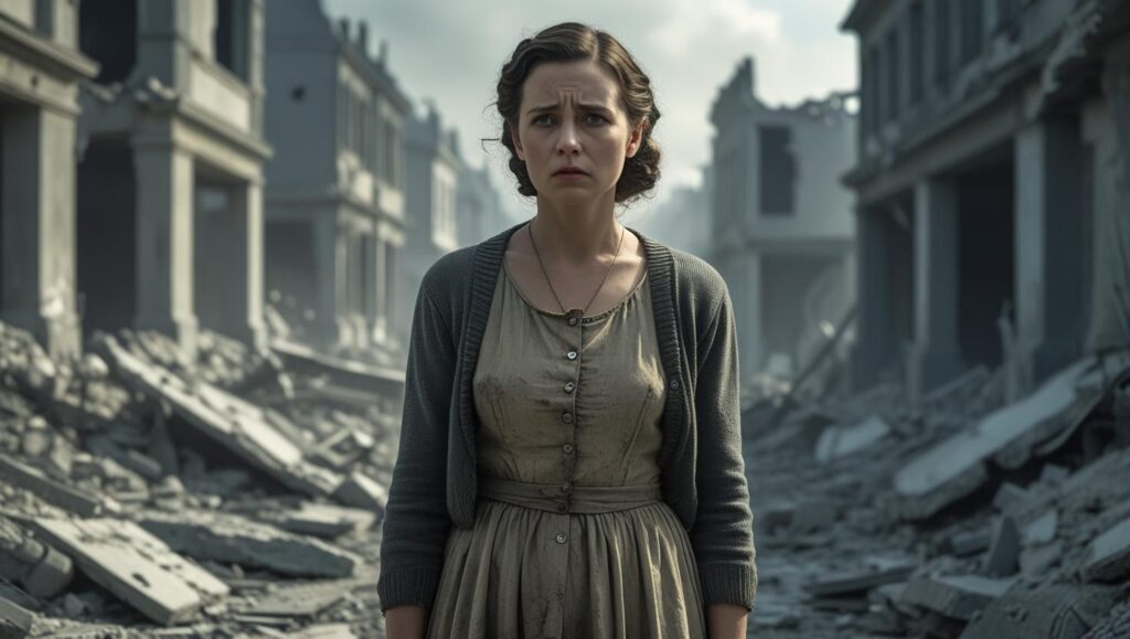 Una donna che rappresenta l'amore nell'italia fascista con un'espressione malinconica, vestita con abiti semplici dell'epoca della guerra 1940, magari con uno sfondo che suggerisce distruzione o desolazione.