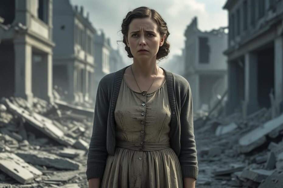 Una donna con un'espressione malinconica, vestita con abiti semplici dell'epoca della guerra 1940, magari con uno sfondo che suggerisce distruzione o desolazione.