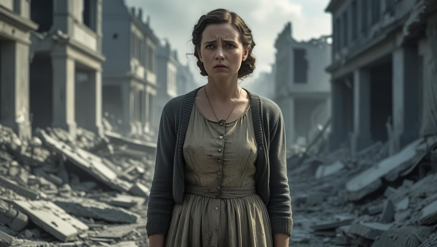 Una donna con un'espressione malinconica, vestita con abiti semplici dell'epoca della guerra 1940, magari con uno sfondo che suggerisce distruzione o desolazione.