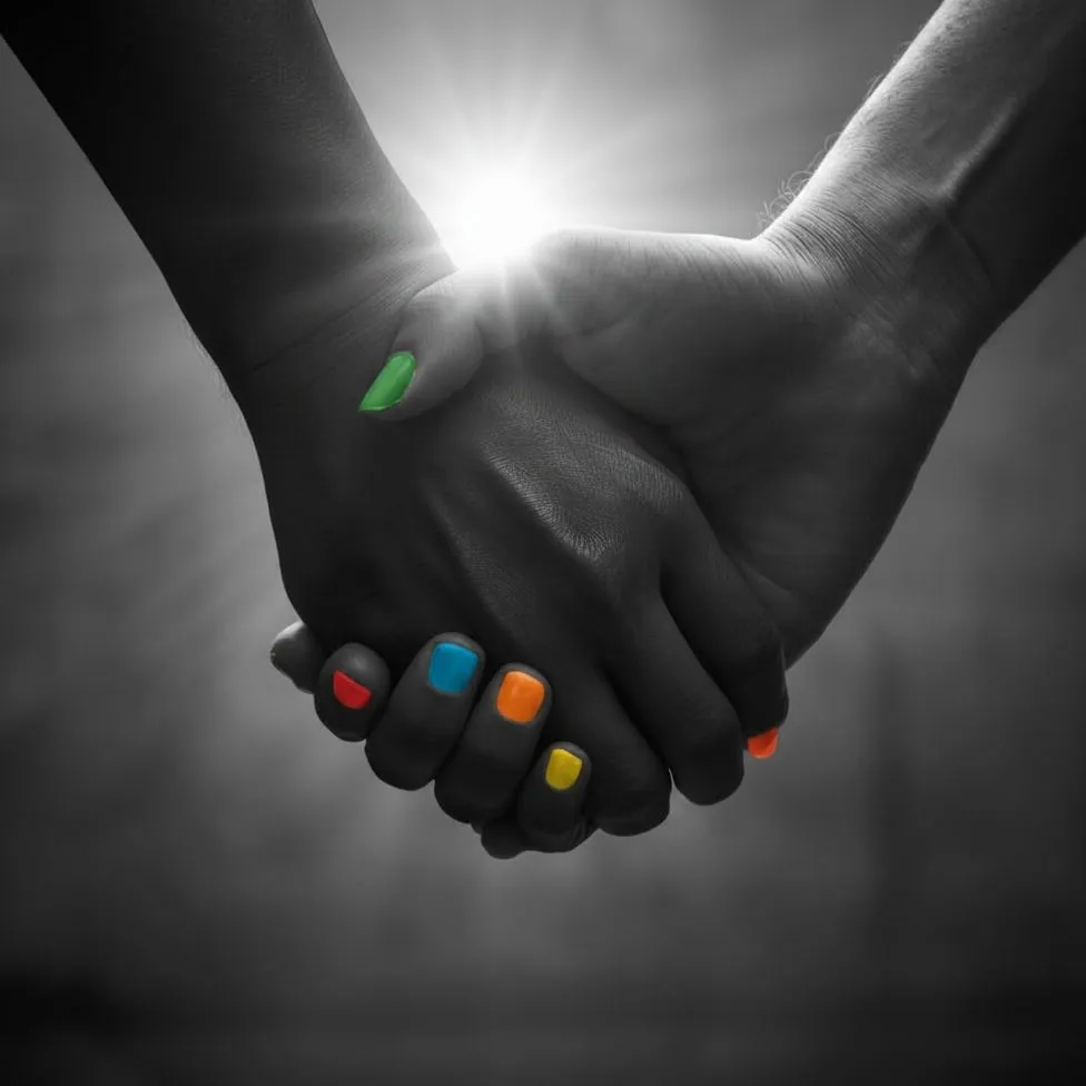 due mani che si stringono. Le unghia della donna sono tutte di colore diverso per rappresentare le Relazioni a Distanza e Multiculturali