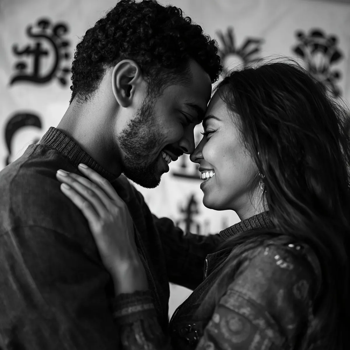 Una coppia che si abbraccia e sorride. Uomo e donna di nazionalità differenti per rappresentare le Relazioni a Distanza e Multiculturali