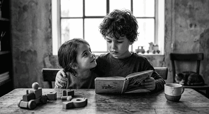 due bambini che leggono un libro a tavola e condividono un piccolo grande amore