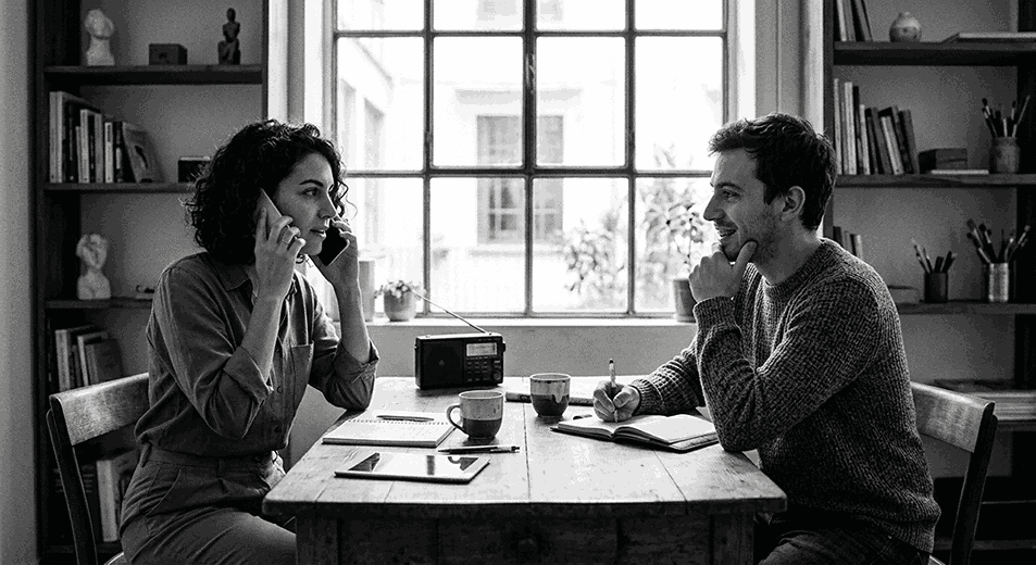  un uomo e una donna al tavolo con il telefono in mano per rappresentare come un piccolo grande amore può essere gestito attraverso la comunicazione
