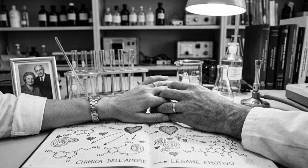 un libro di chimica rappresenta l'importanza del cervello e delle sostanze che l'organismo produce durante l'innamoramento e l'amore